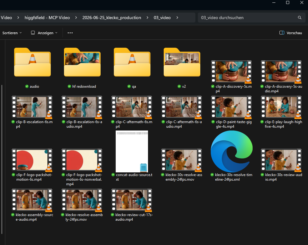 Explorer-Rasteransicht des Video-Ordners der KLECKO-Produktion mit den gerenderten Clips